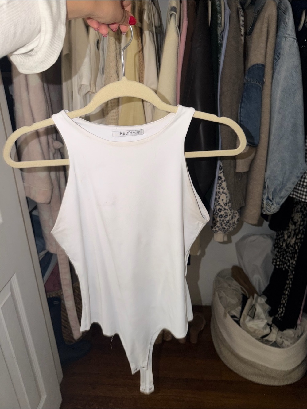 ReoRia White Ribbed High-Neck Sleeveless Bodysuit